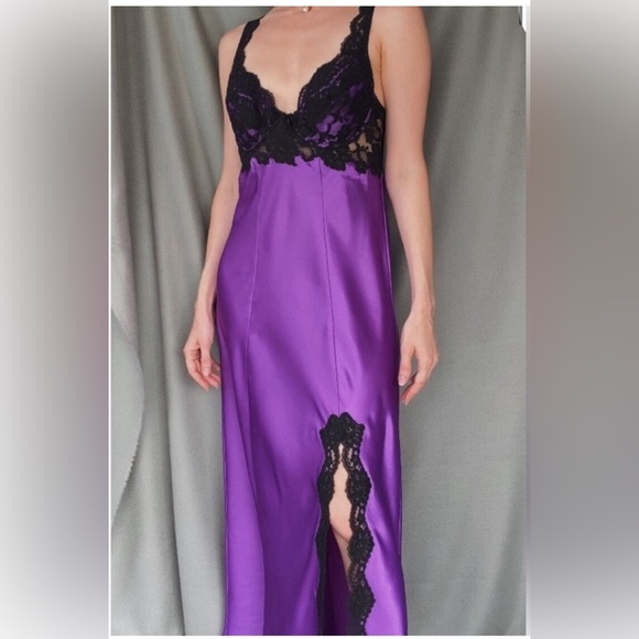 Victoria’s Secret Silky Satin Purple Black Lace Slip Dress Size Large - Picture 1 of 14